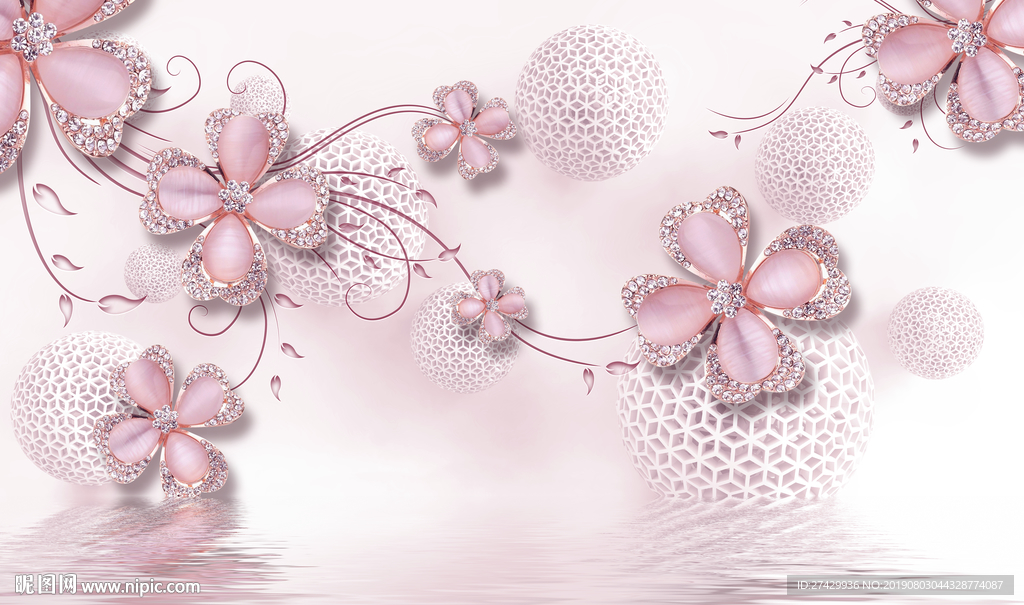 珠宝幸运草花藤圆球背景立体壁画