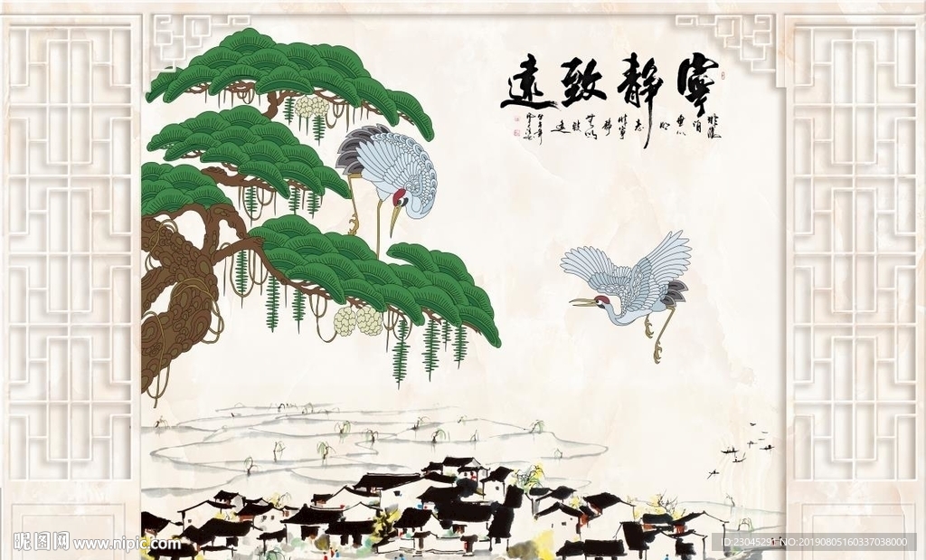 松鹤延年江南新中式背景墙