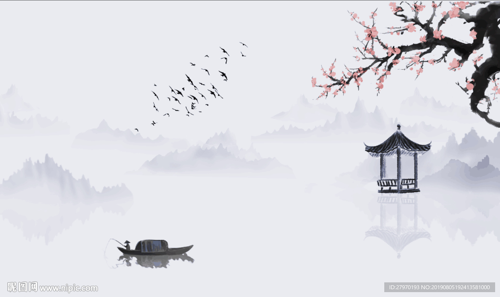 新中式水墨山水大型壁画背景墙