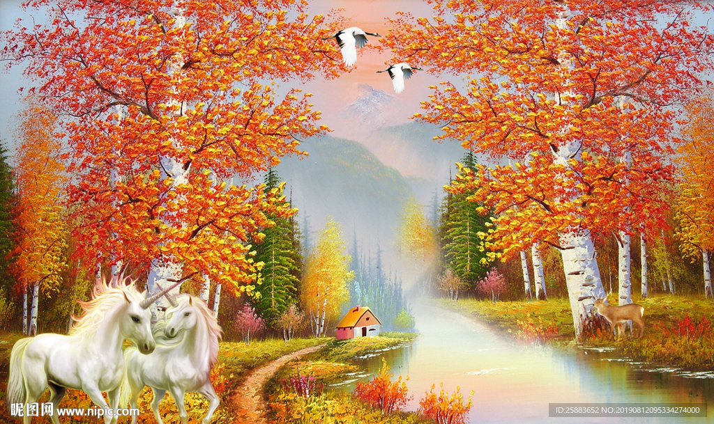 白桦林白马油画电视背景墙