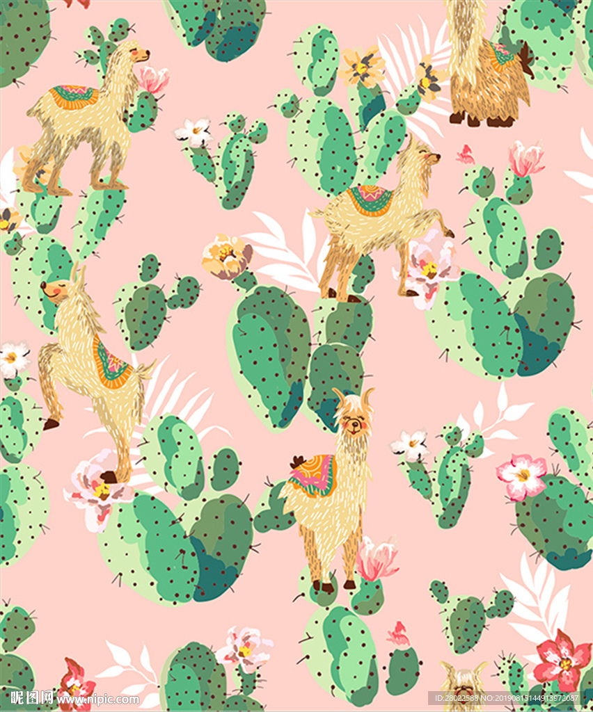 手绘仙人掌骆驼服装印花图案