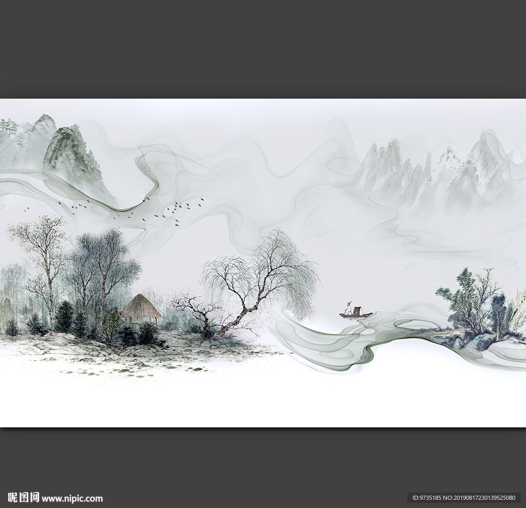 现代简约工笔山水画背景墙布