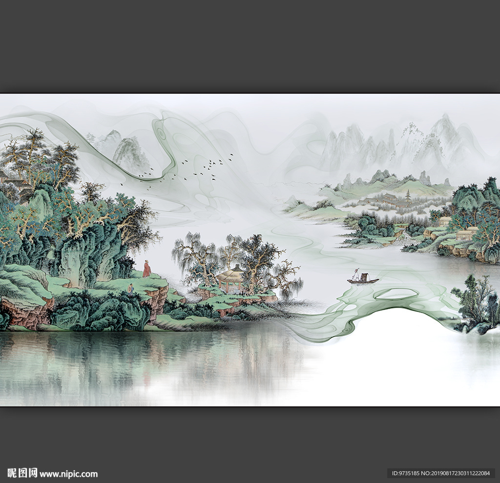 现代工笔画山水风景背景壁画