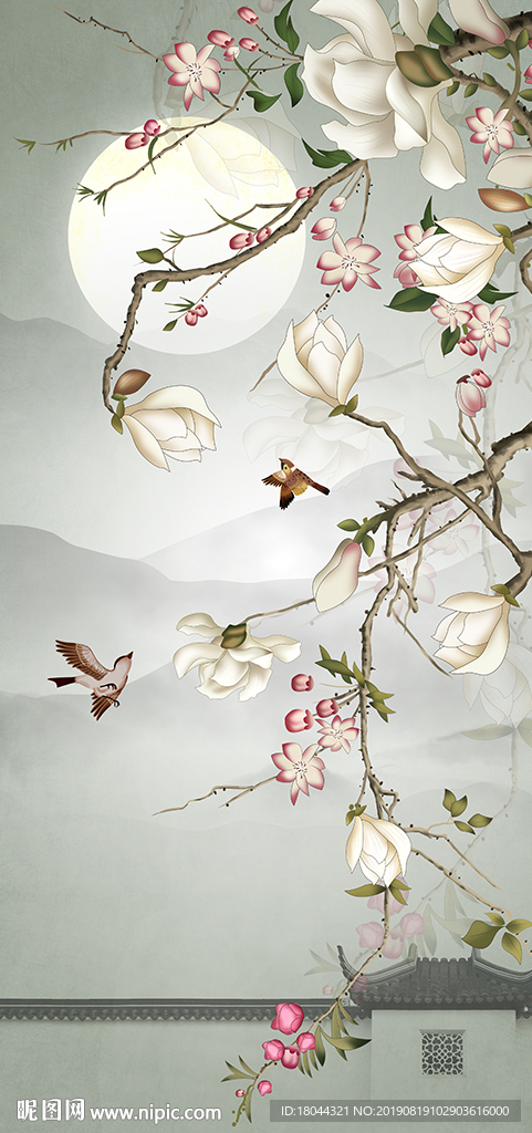 花好月圆玉兰花鸟建筑玄关