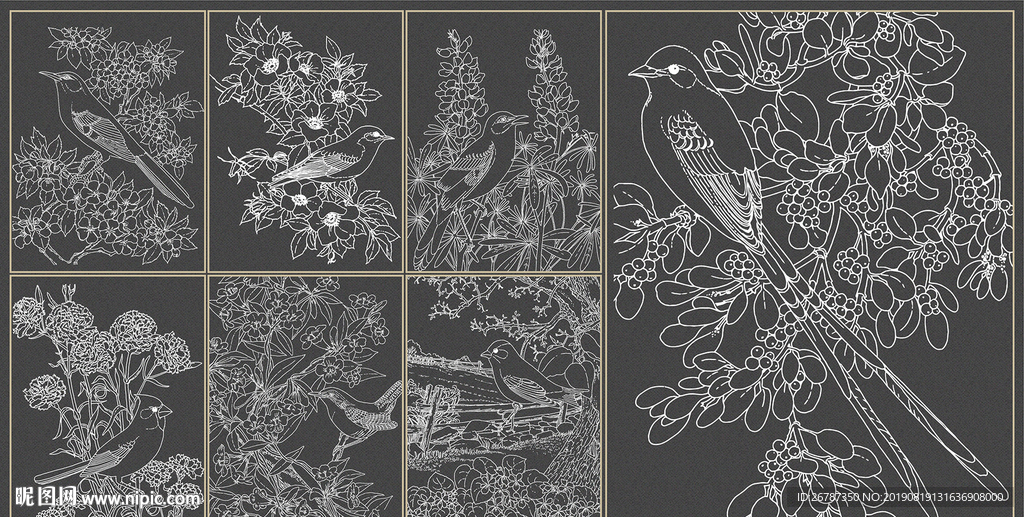 矢量工笔白描花鸟