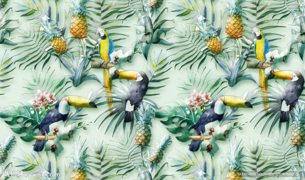 北欧简约手绘鸟热带植物背景墙