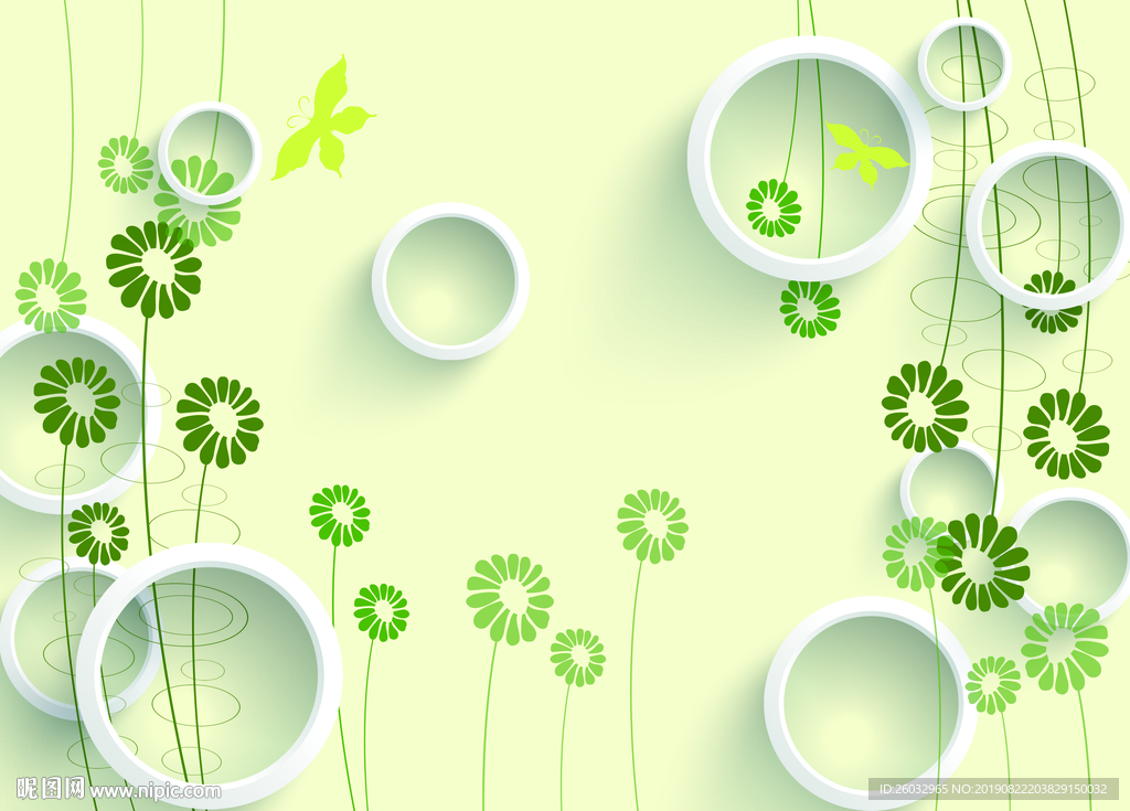 绿色树叶小花3D圆圈客厅背景墙