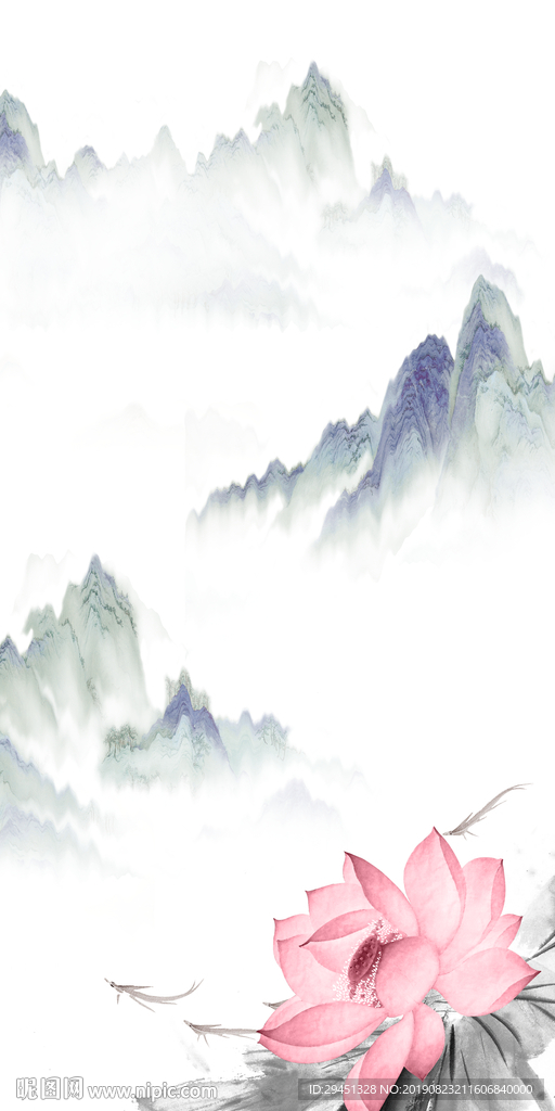 手绘荷花山水画TIF分层玄关