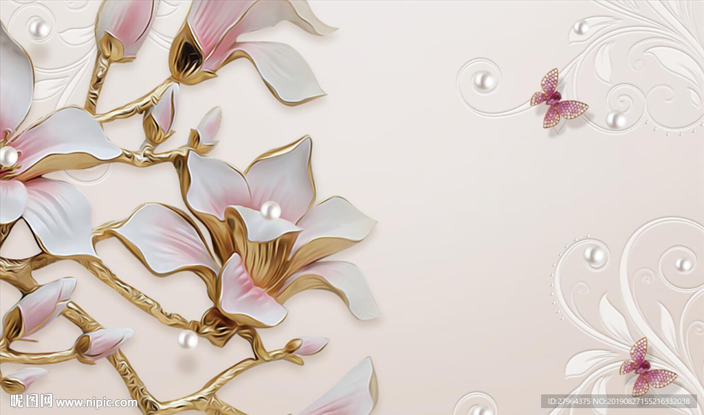 珠宝浮雕立体玉兰花背景墙