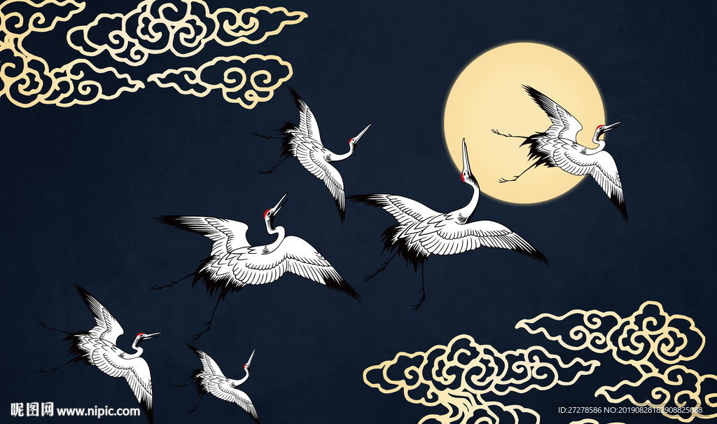 原创新中式仙鹤祥云古典背景墙