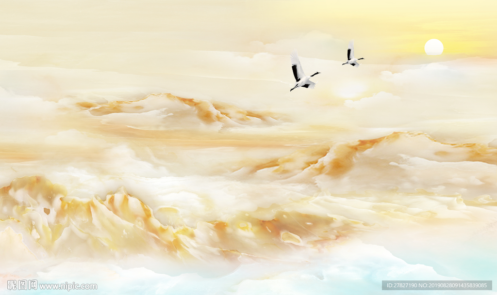 山水飞鸟 大理石纹  旭日东升