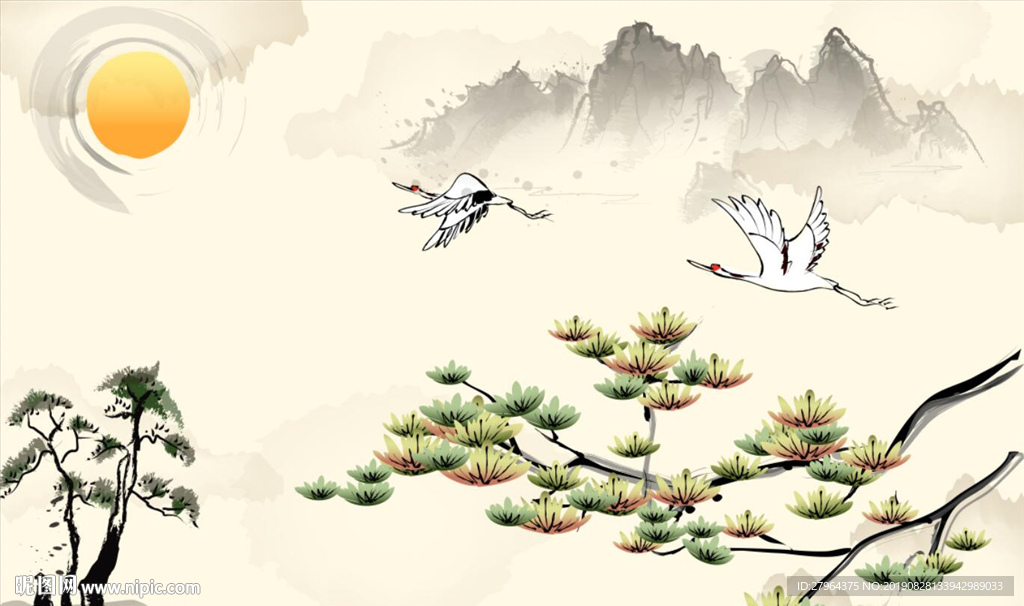 新中式松鹤延年背景墙