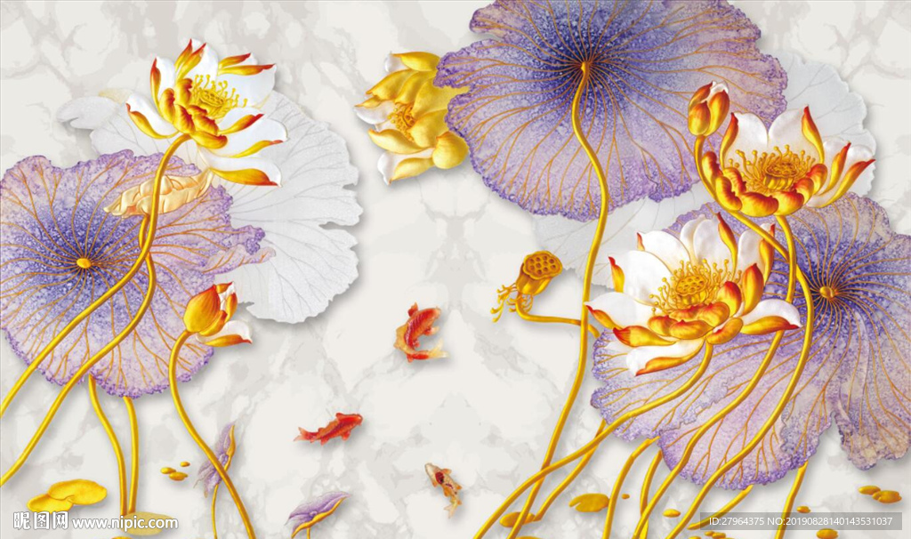 金色荷花鲤鱼大理石石纹电视背景