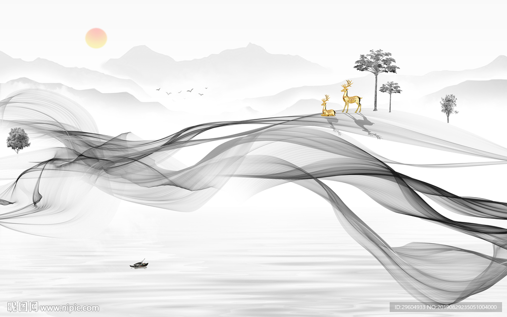 山水抽象画 TIF分层 背景墙