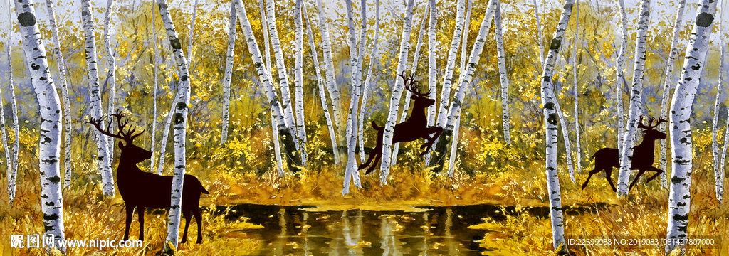 梅花鹿树林风景画