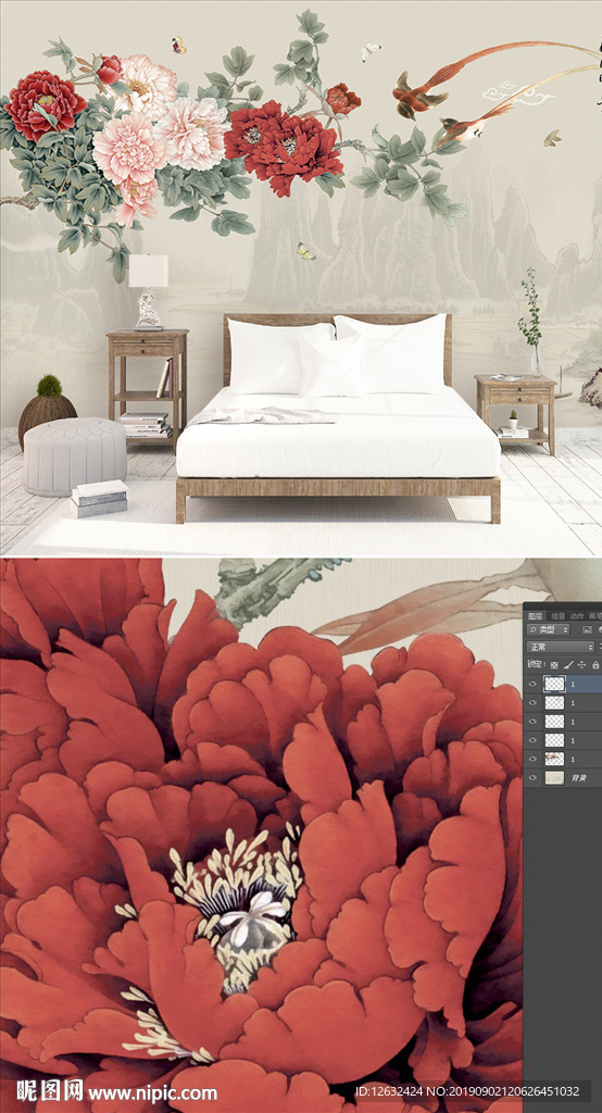 新中式牡丹富贵山水花鸟背景墙