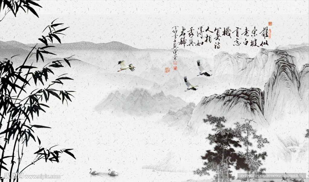 古典风水墨江山电视背景墙