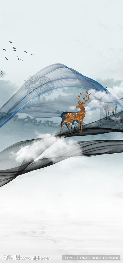 麋鹿现代玄关画 TIF分层画