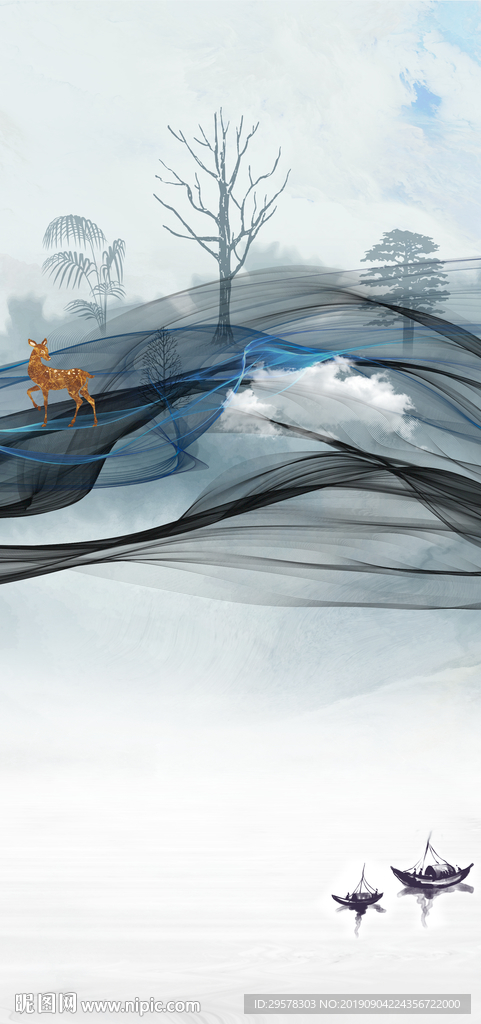 麋鹿山水玄关新画 TIF分层