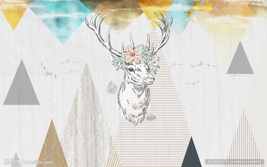 几何麋鹿北欧玄关画 TIF分层