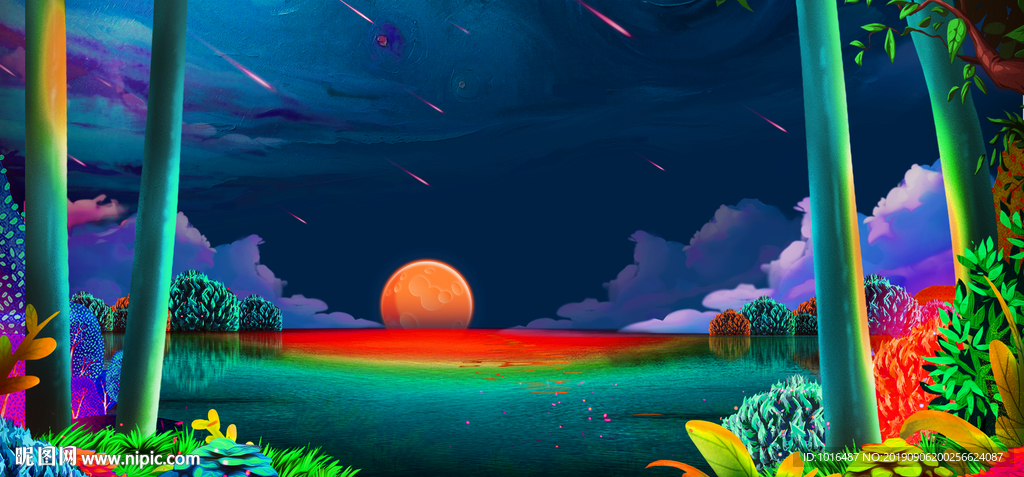 中秋 仙境 湖景 节气稿 手绘