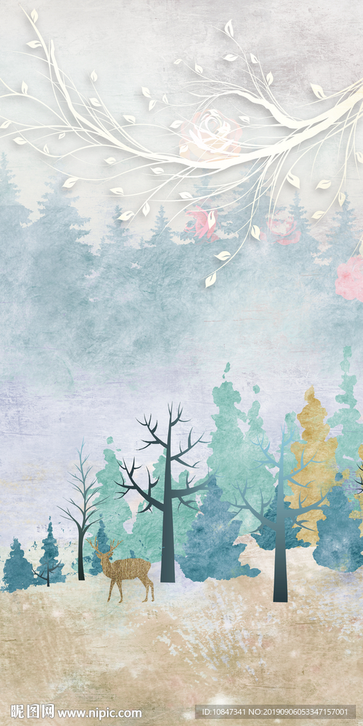 手绘花北欧玄关画 TIF分层