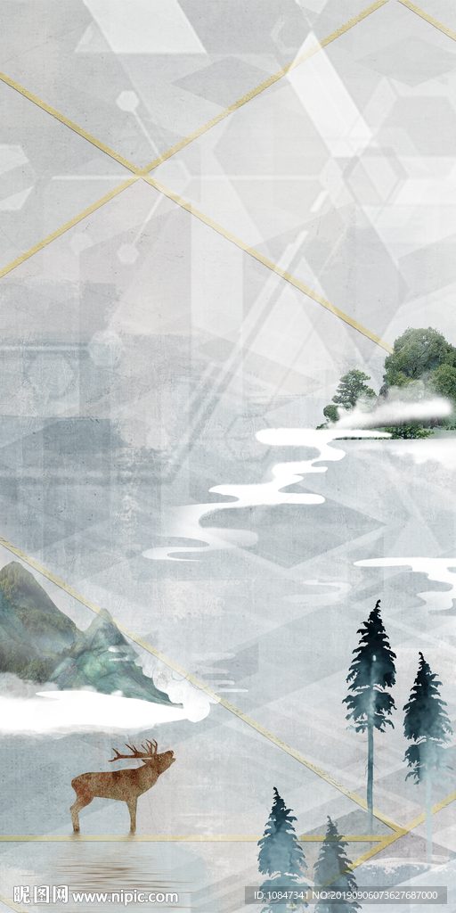 手绘麋鹿北欧玄关画 TIF分层
