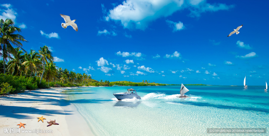 蓝天白云海边椰树海鸥背景墙
