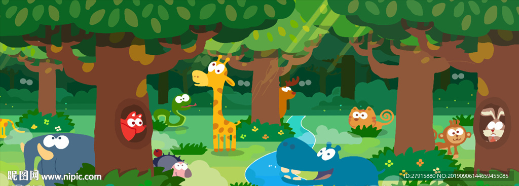 卡通儿童房森林动物背景墙