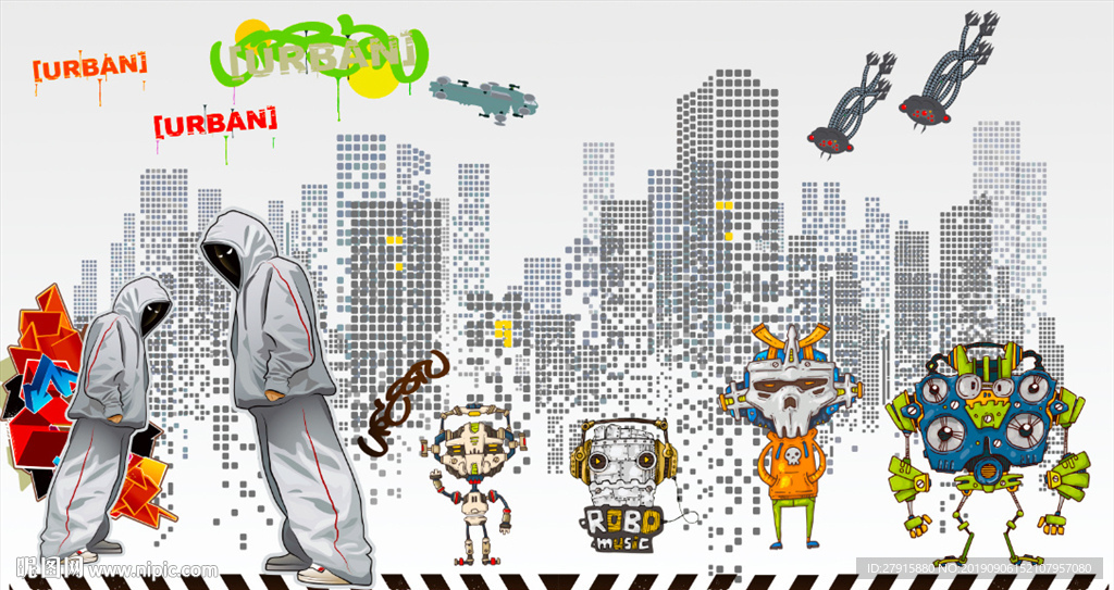 现代矢量卡通机器人背景墙