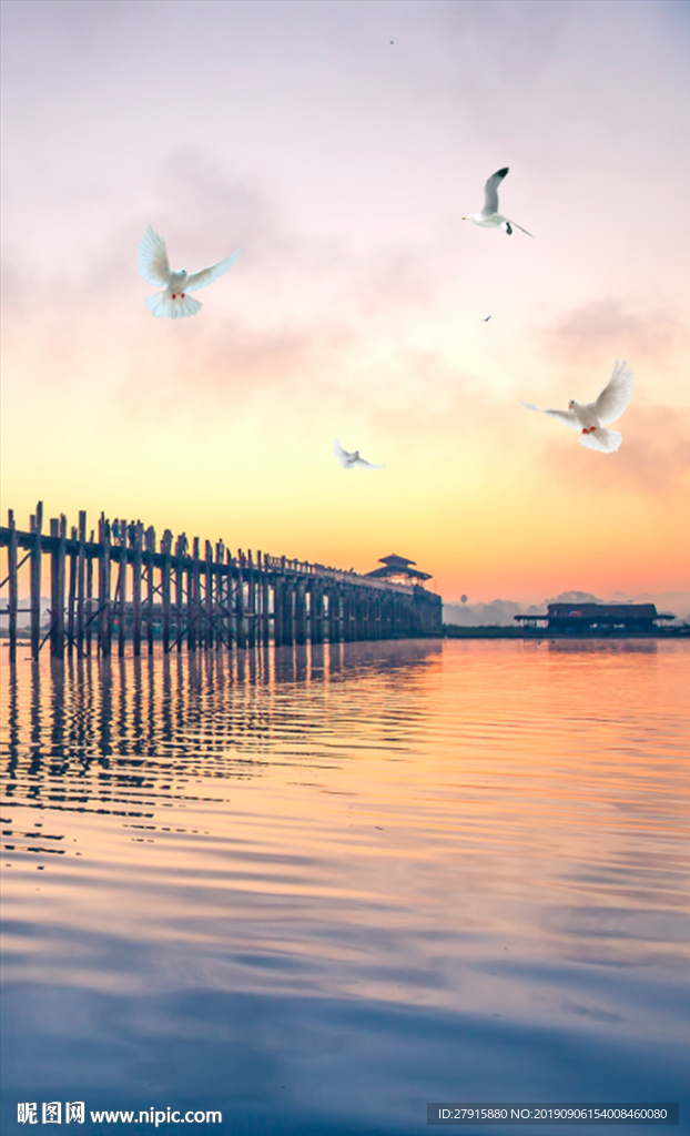 玄关河边木桥白鸽玄关背景墙