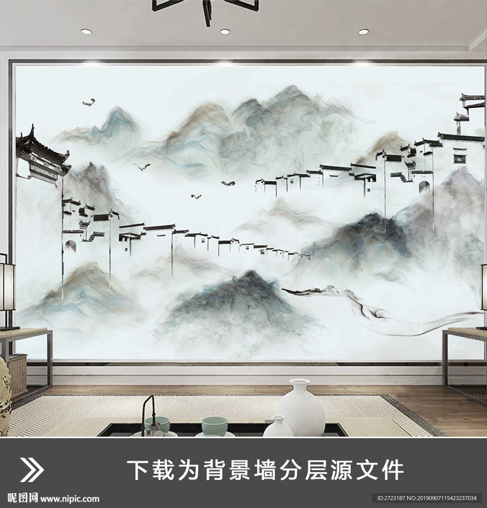 复古房屋建筑轮廓山水水墨壁画