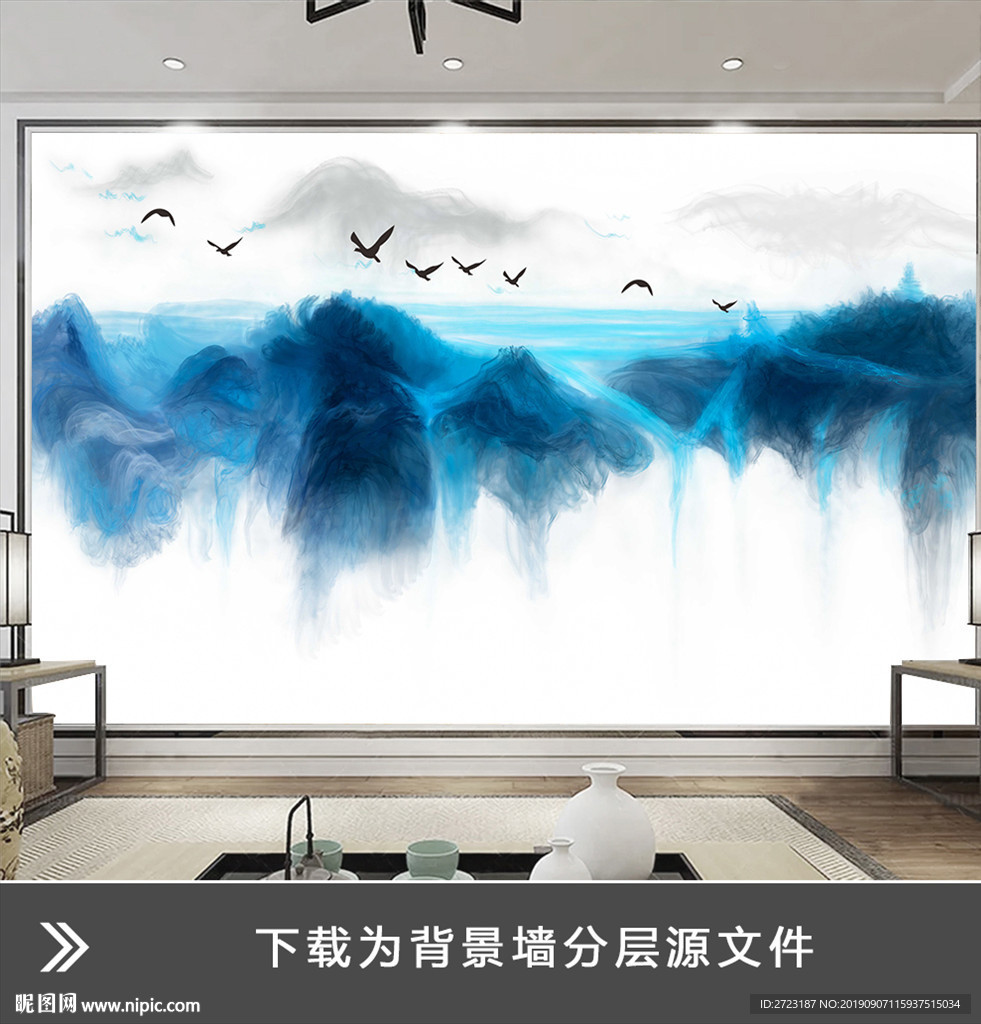 梦境抽象山峰小鸟飞壁画背景墙