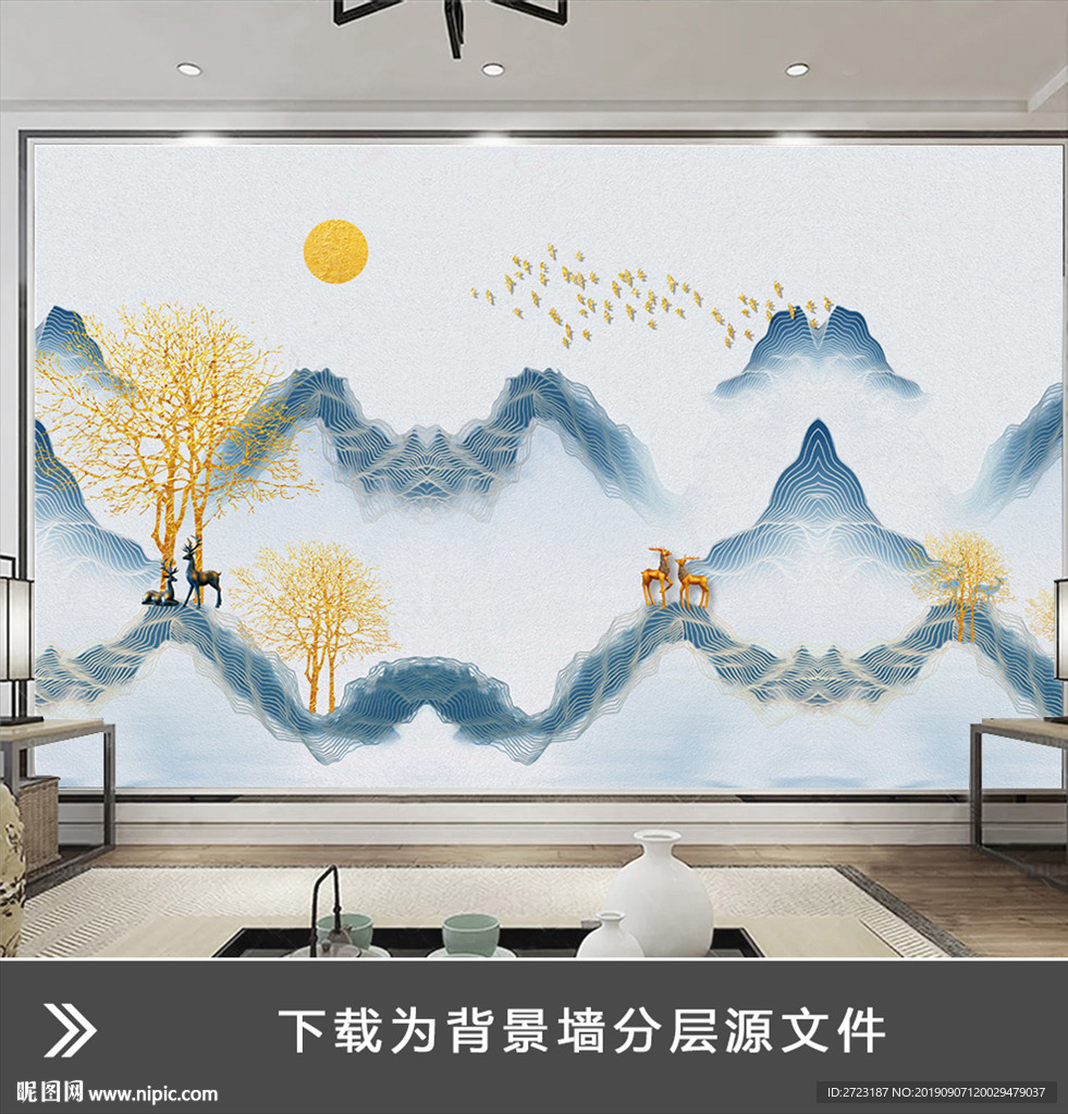 金色蓝色抽象风景线条轮廓梦境画