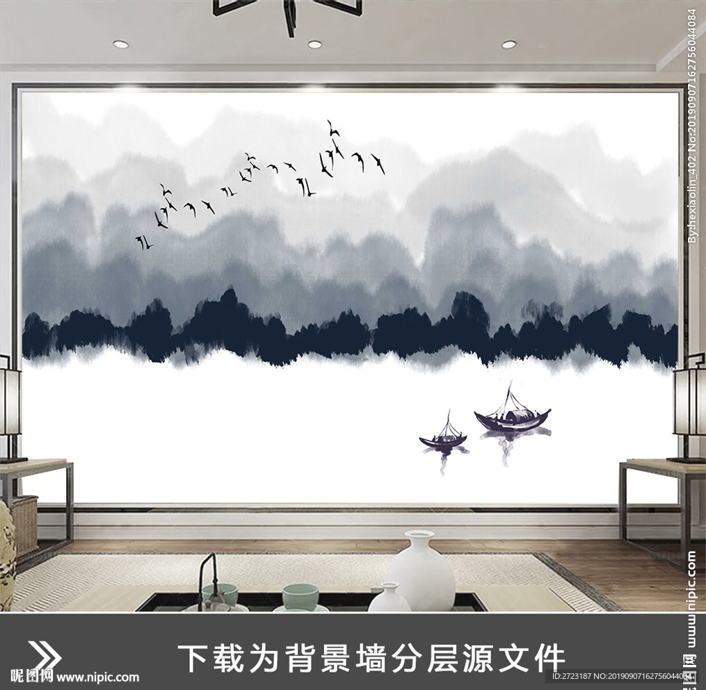灰色抽象山水风景壁画背景墙