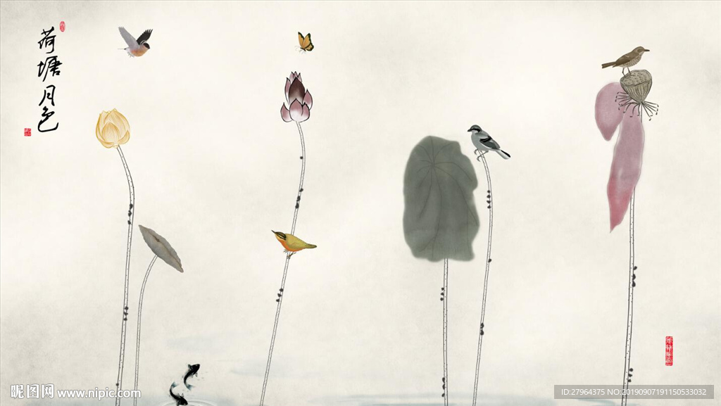 中式手绘荷塘月色电视背景墙