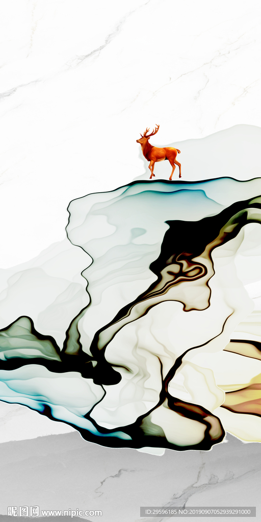 麋鹿新山水水墨画 TIF分层