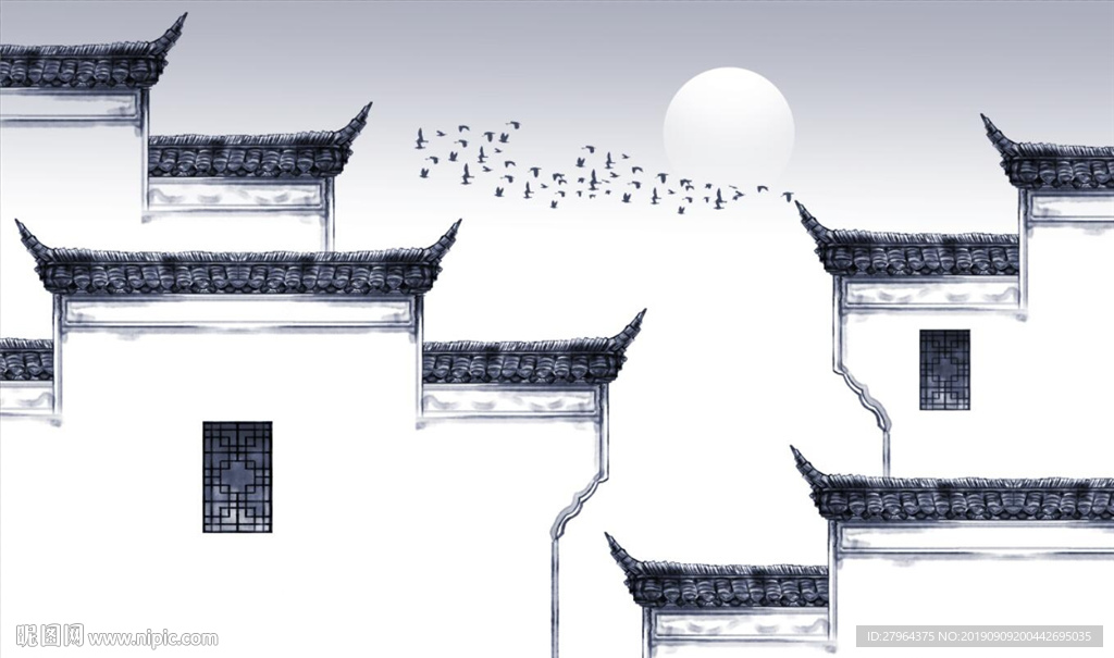 中式徽派建筑马头墙水墨背景墙