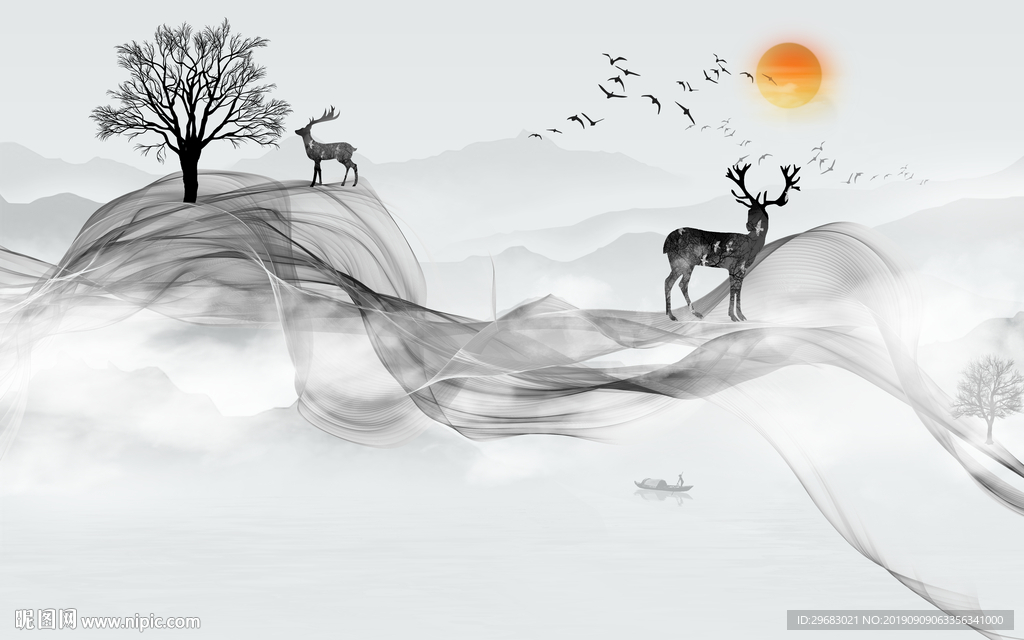 麋鹿新中式背景墙 TIF分层