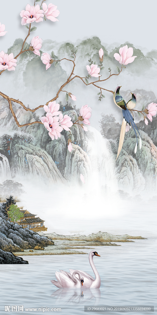 天鹅新中式山水画 TIF分层