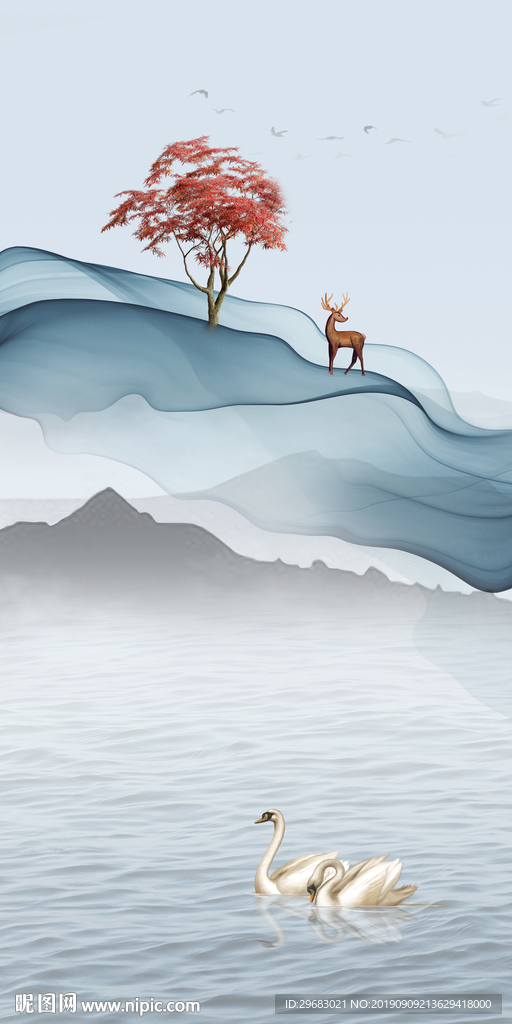 高清 麋鹿山水画 TIF分层