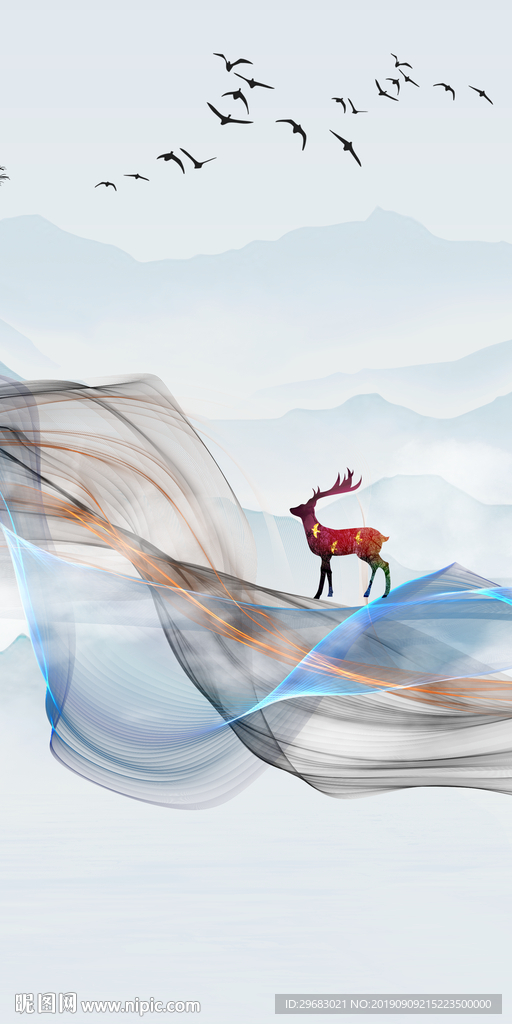 麋鹿山水画 TIF分层