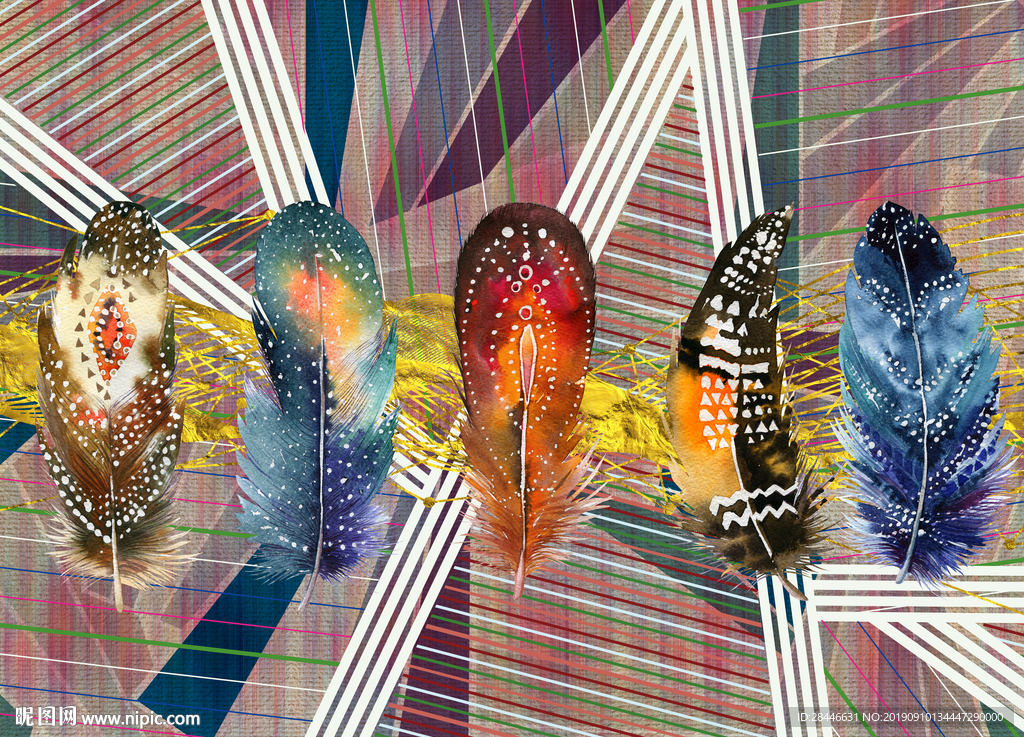 北欧水彩羽毛背景墙