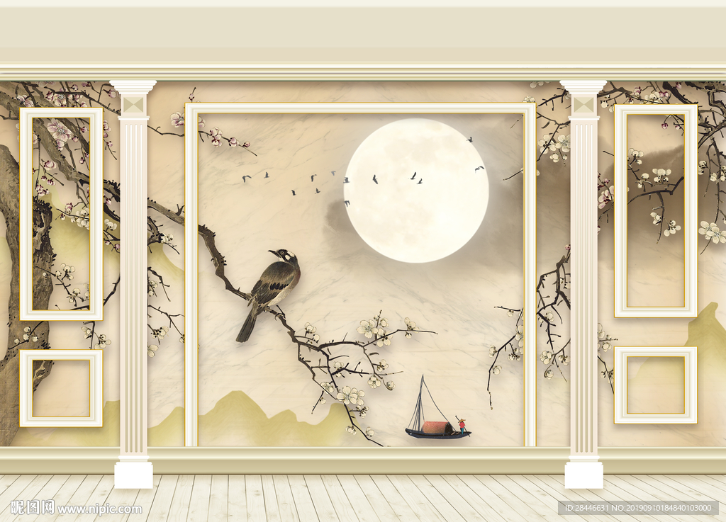 3D立体护墙板新中式背景墙