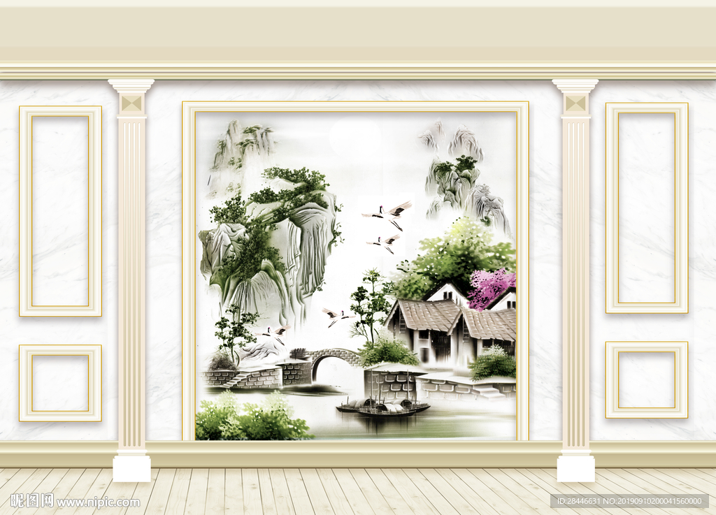 3D立体护墙板新中式背景墙