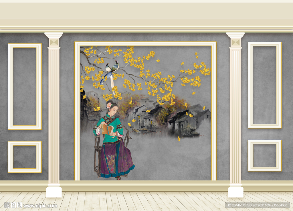 3D立体护墙板新中式背景墙