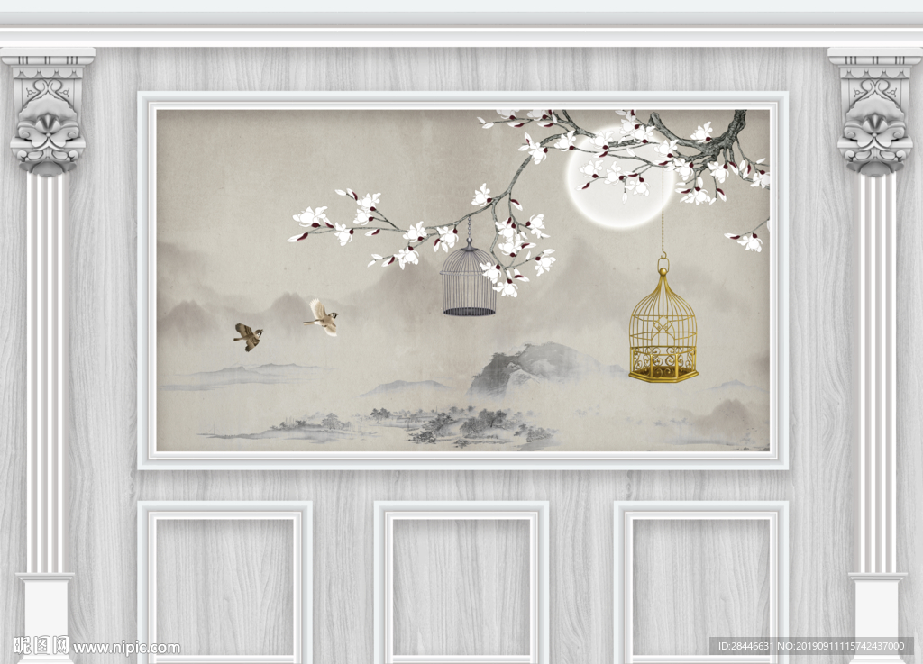 3D立体护墙板新中式背景墙