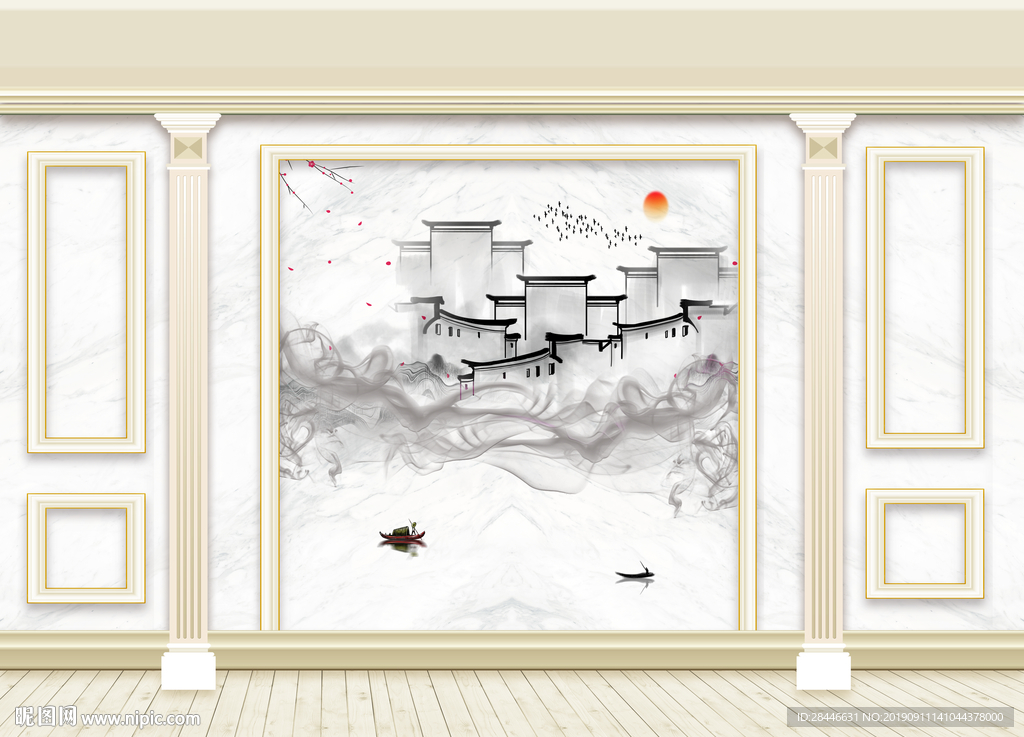 3D立体护墙板新中式背景墙