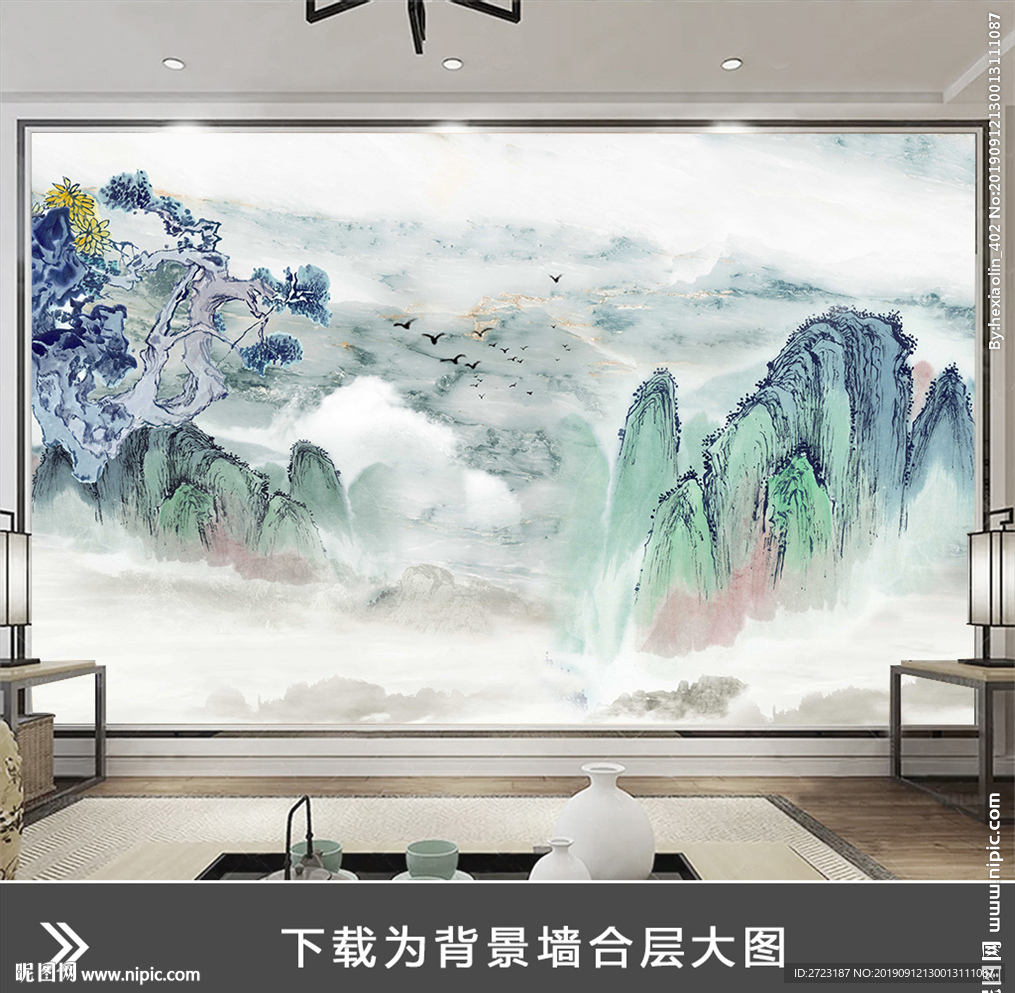 山峰层叠雾气弥漫意境壁画背景