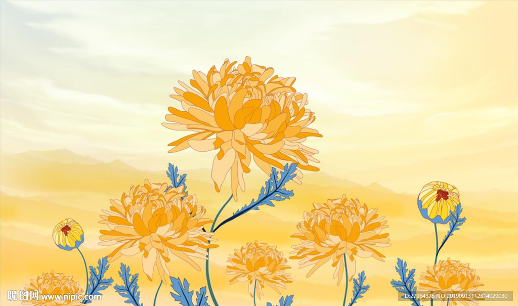 现代简约手绘菊花风景电视背景墙